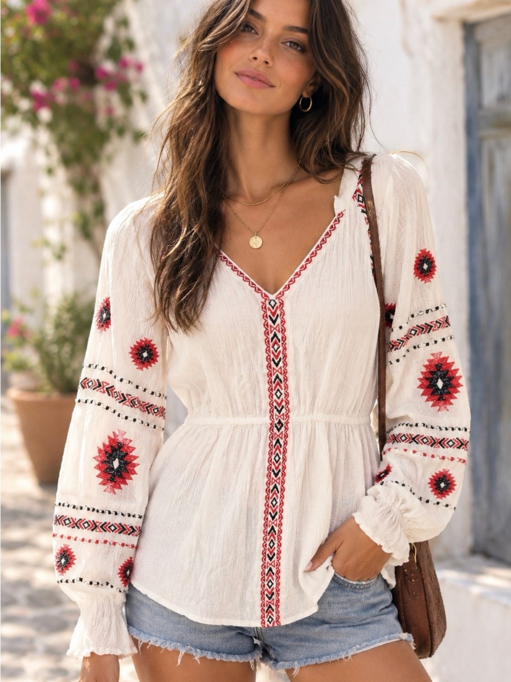 Dex White Boho Tunic with Red & Black Embroidery